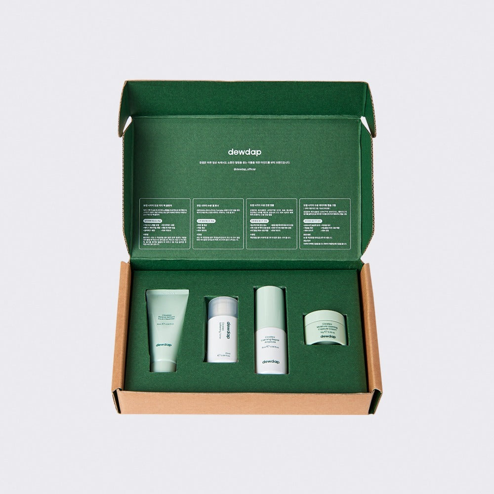dewdap CICATEA Miniature Skincare Kit containing a Cleanser, Toner, Ampoule, Cream for travel or trying skincare
