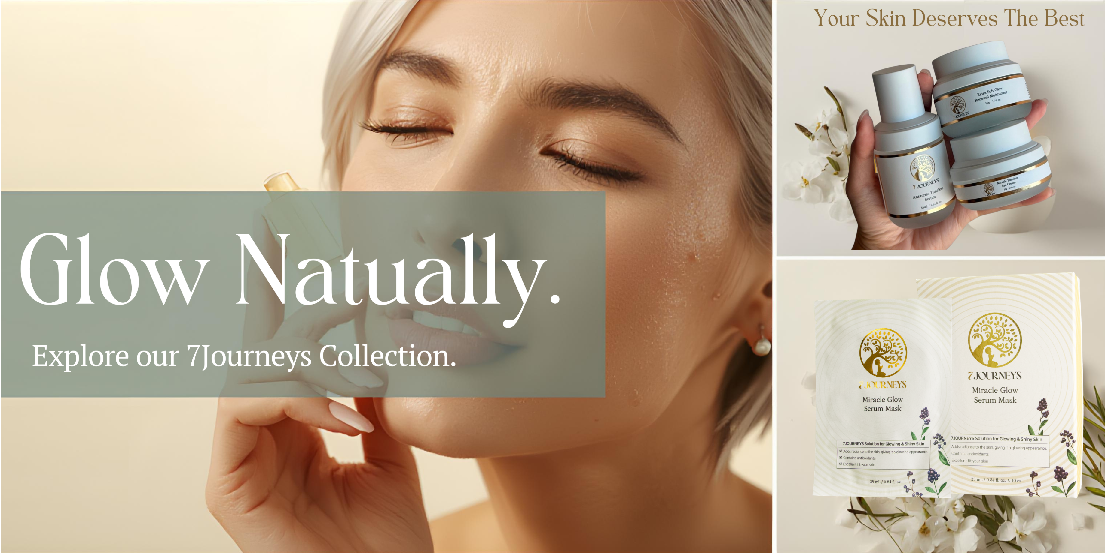 Collage of skincare products with 'Glow Naturally' text and 7Journeys branding.