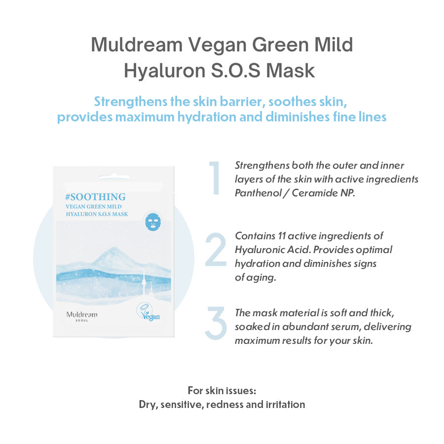 Muldream Vegan Green Mild Hyaluron S.O.S Mask 25ml (10 sheets) - SkinCureAsia