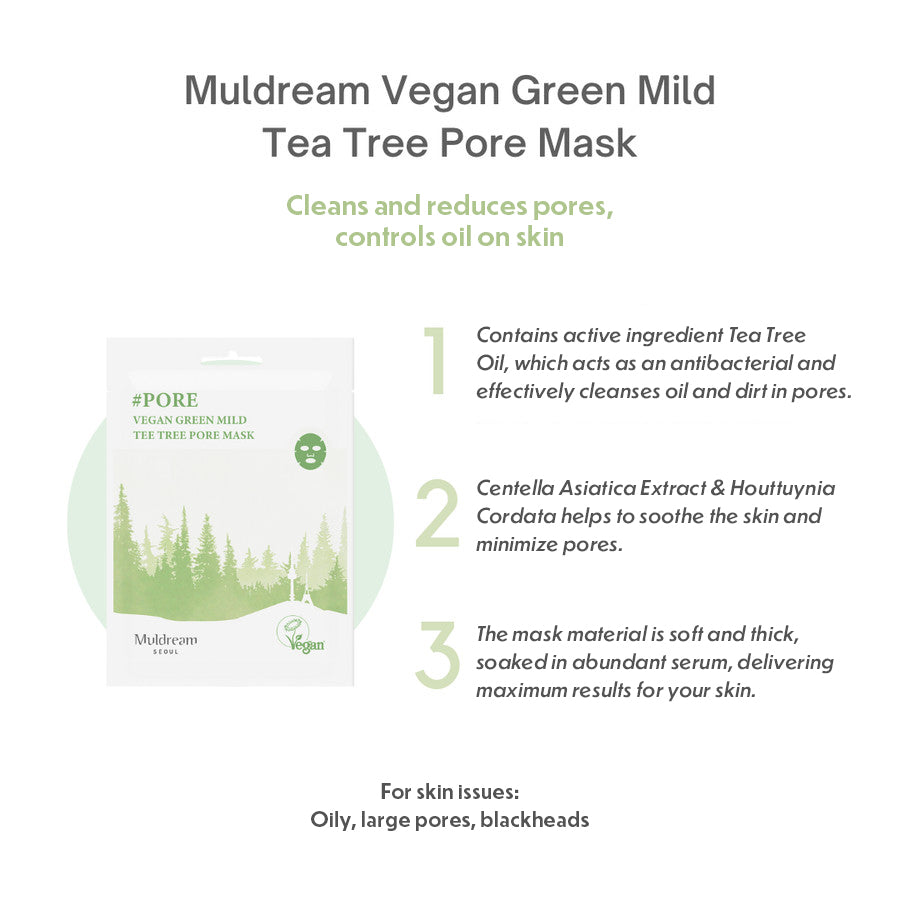 Muldream Vegan Green Mild TEA TREE Pore Mask 25ml (10 sheets) - SkinCureAsia