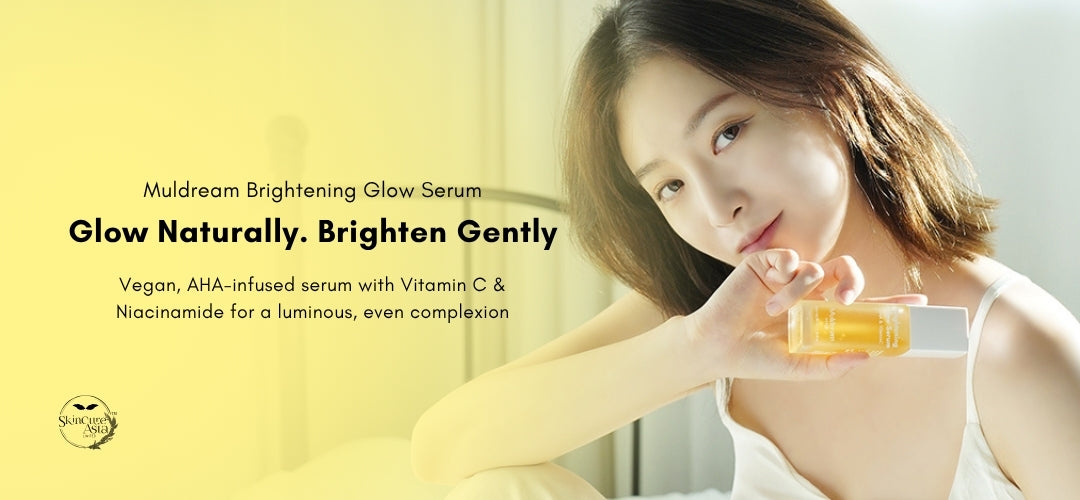 Woman holding a vegan skincare serum with promotional text on a yellow background. Muldream Brightening Glow Serum
