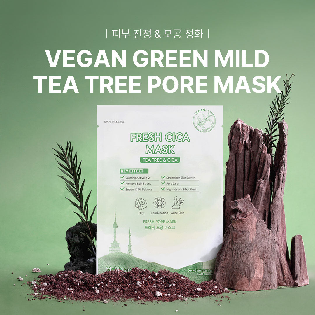 Muldream Vegan Green Mild Tea Tree Pore / Fresh CICA Mask 25ml (10 sheets) - SkinCureAsia